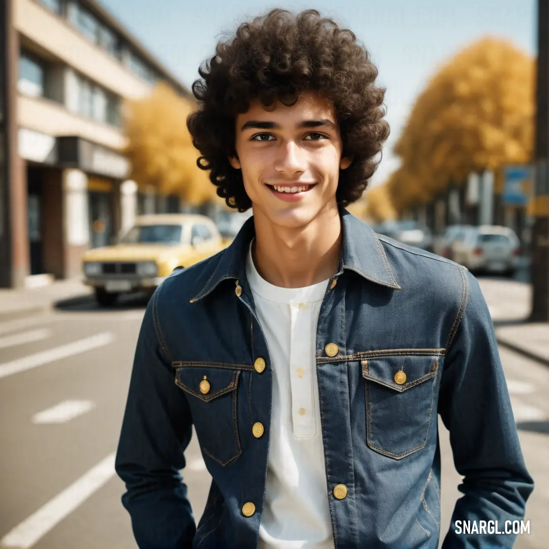 Young man with curly hair standing on a street corner smiling at the camera with a city street in the background