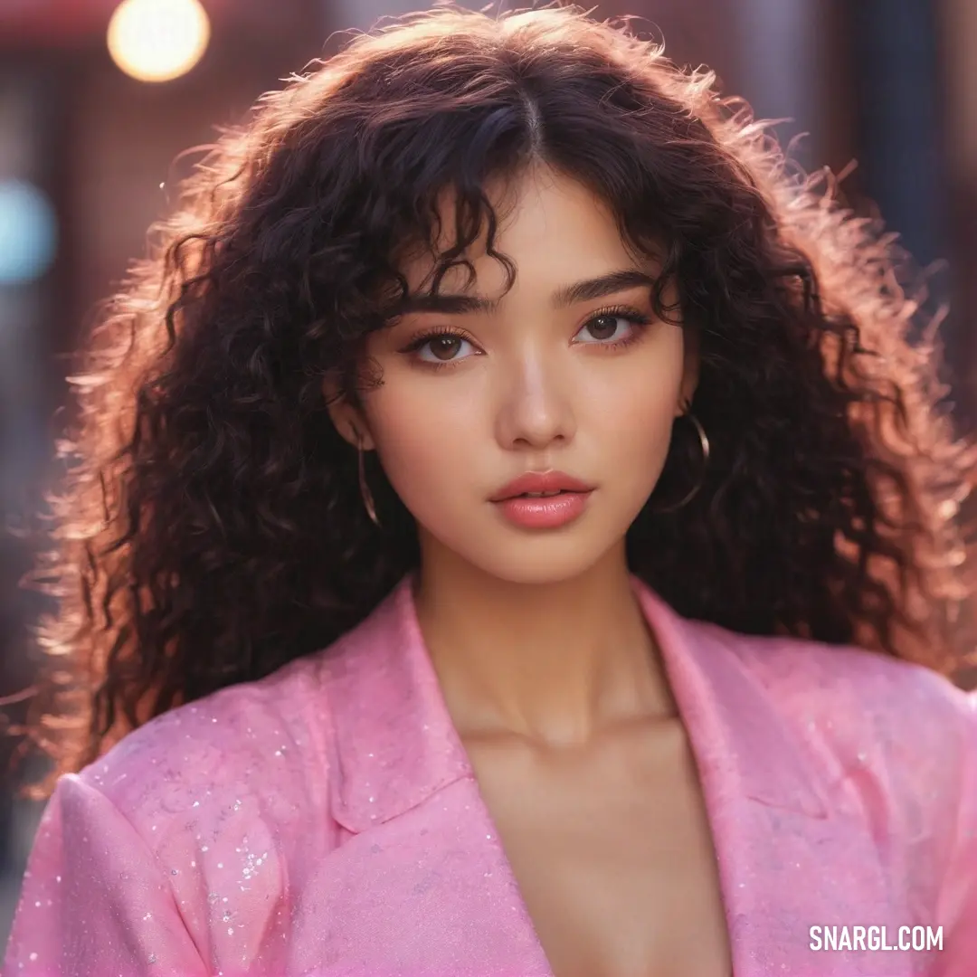 Close up of a person with a pink shirt and a hairdow and a pink jacket and a light background