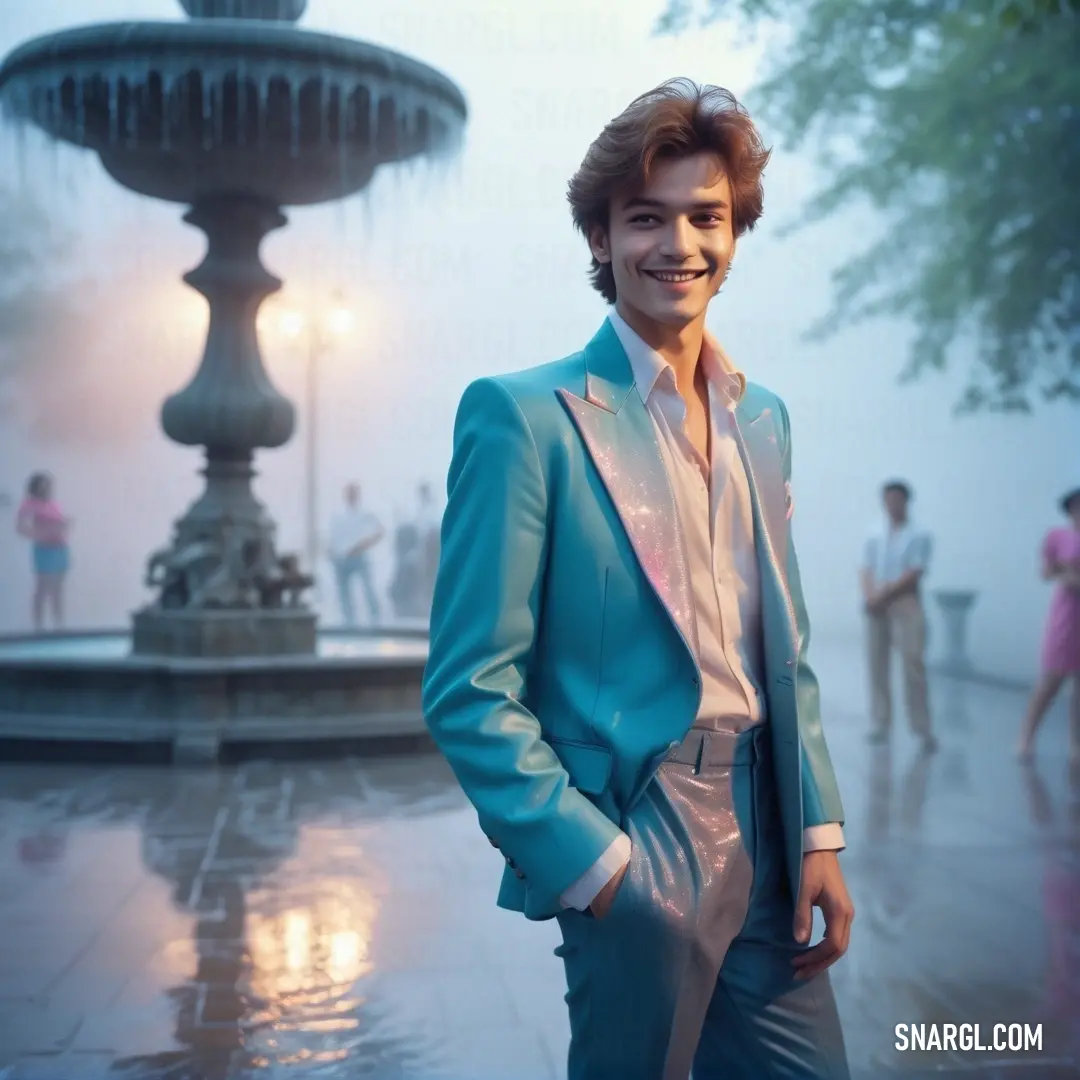 Man in a blue suit standing in front of a fountain with people in the background