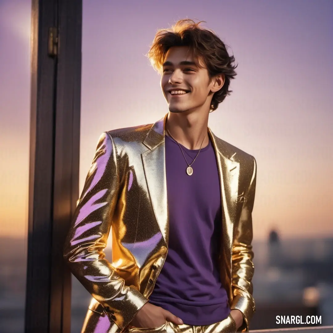 Man in a gold jacket and purple shirt standing next to a window with a city in the background