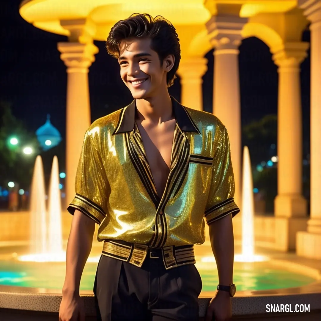 Man in a gold shirt standing in front of a fountain at night with a smile on his face
