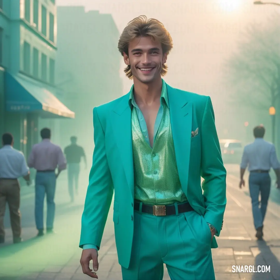 Man in a green suit and a green shirt and a green tie and a green shirt