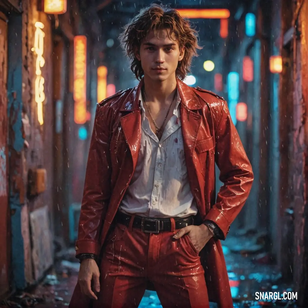 Man in a red leather jacket standing in a hallway with a red umbrella over his head and a white shirt