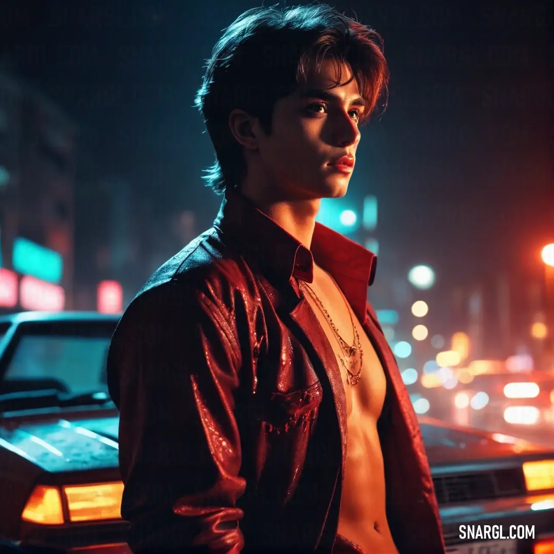 Man in a red shirt standing next to a car at night with a city in the background