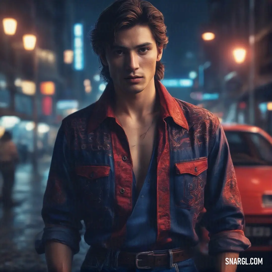 Man in a shirt and jeans standing in the rain in a city at night with a red car