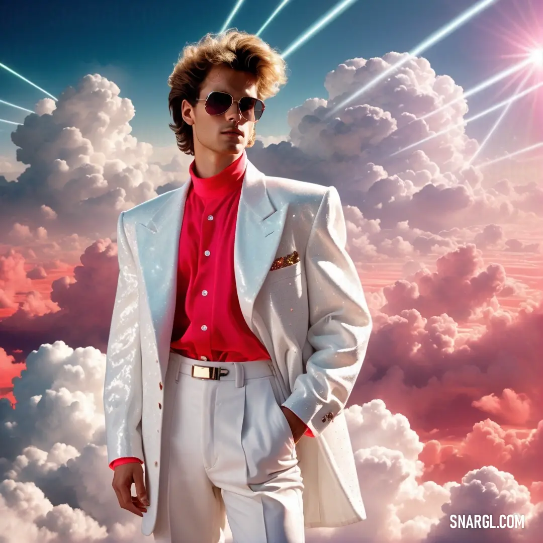 Man in a suit and sunglasses standing in the clouds with his hands in his pockets