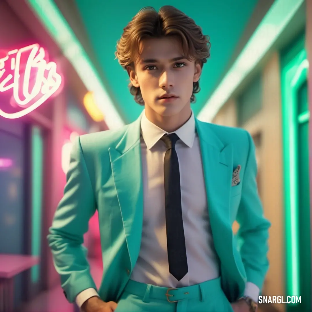 Man in a suit and tie standing in a hallway with neon lights behind him