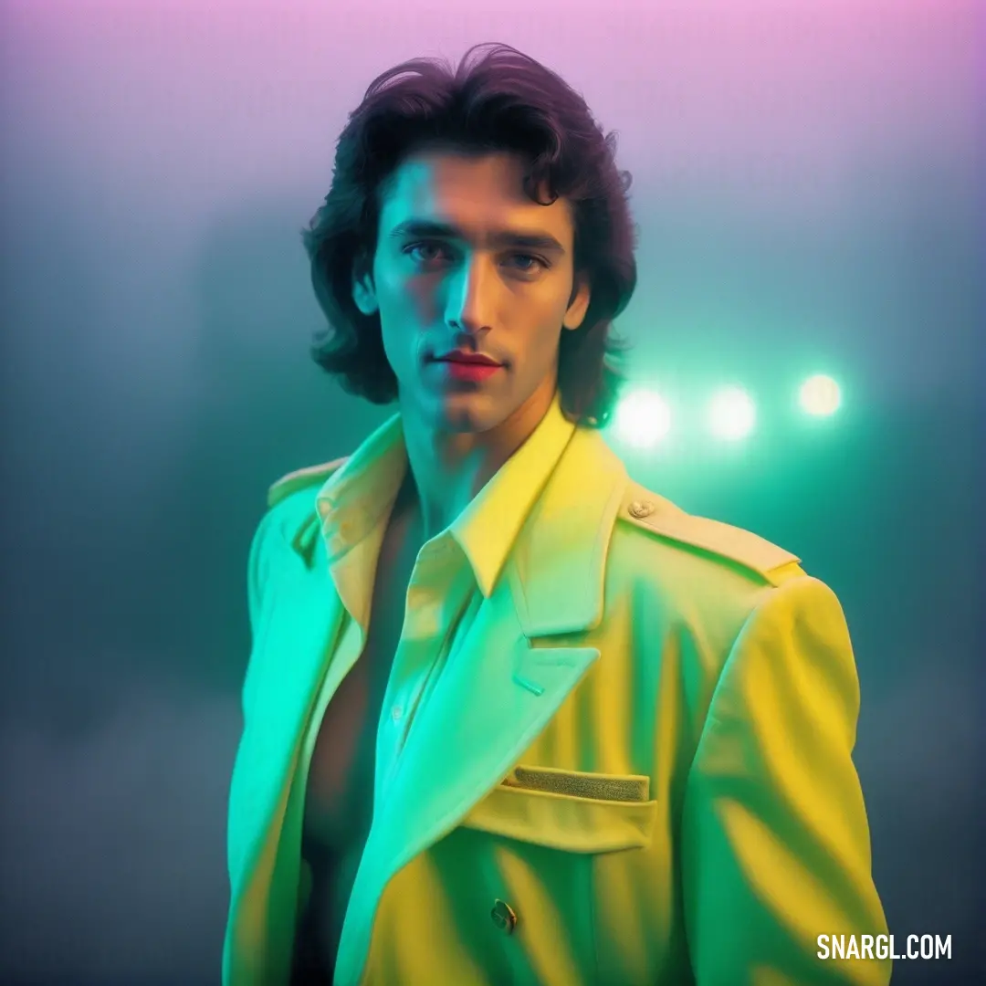 Man in a yellow jacket and tie in a spotlight light with a green background