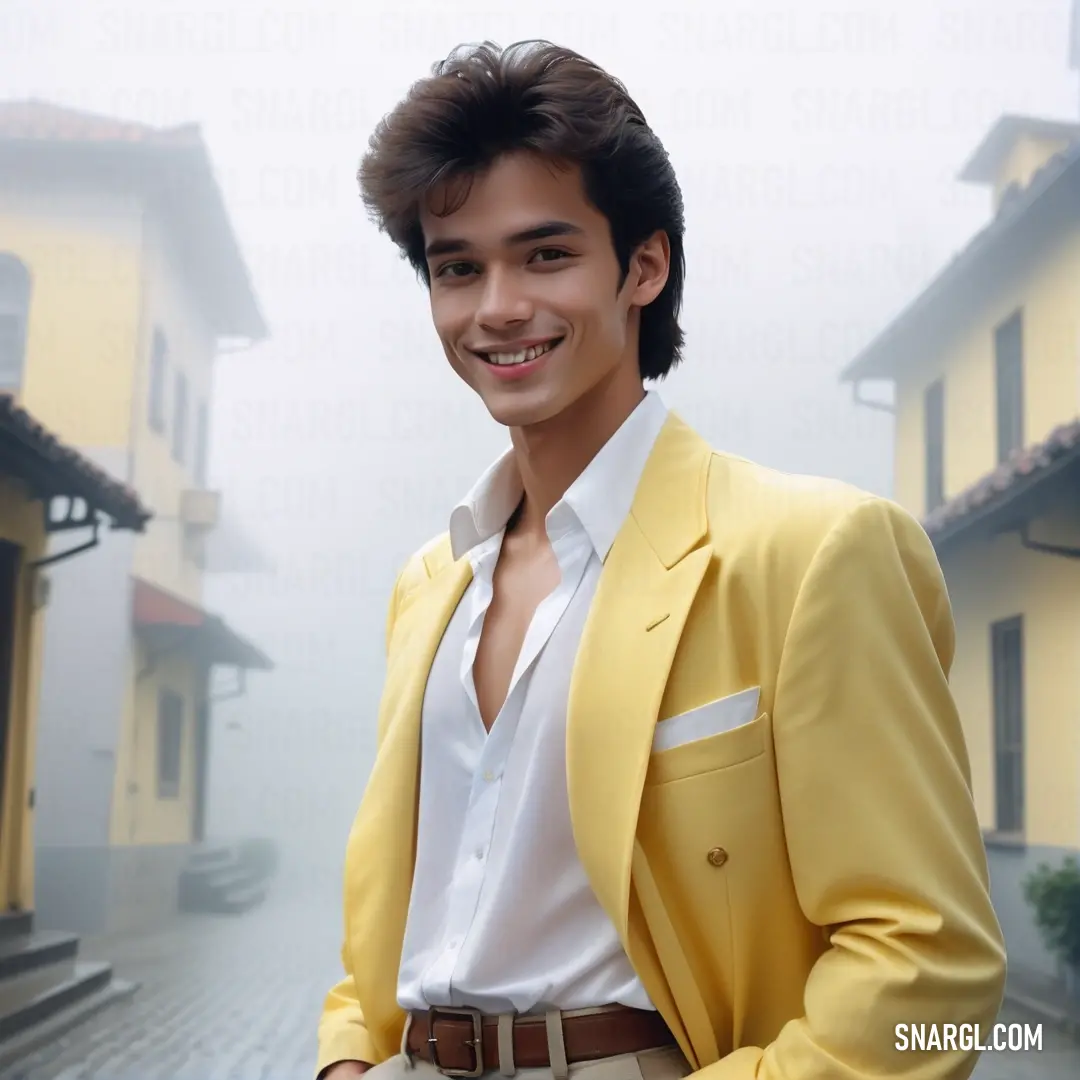 Man in a yellow jacket and white shirt standing in front of a yellow house on a foggy day