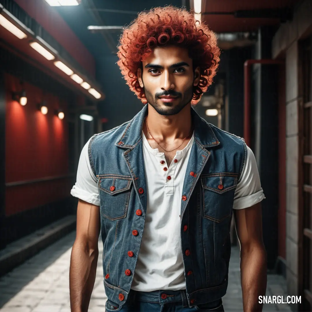 Man with a red afro standing in a hallway with a brick floor and red walls on the side