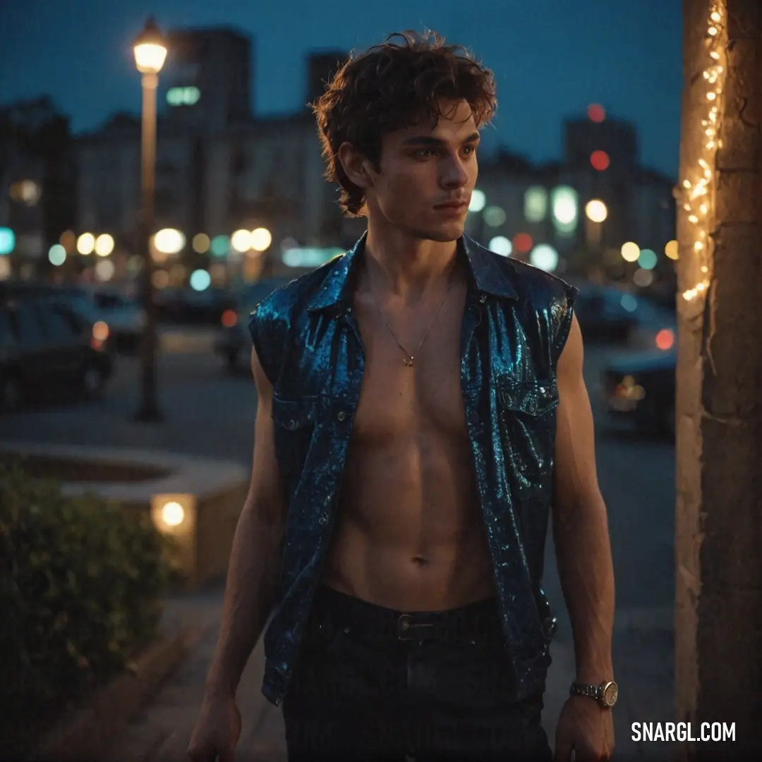 Man with no shirt on standing next to a pole with a street light in the background