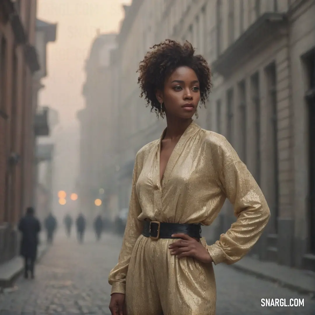 Woman in a gold jumpsuit standing on a street corner in a city with buildings and people walking