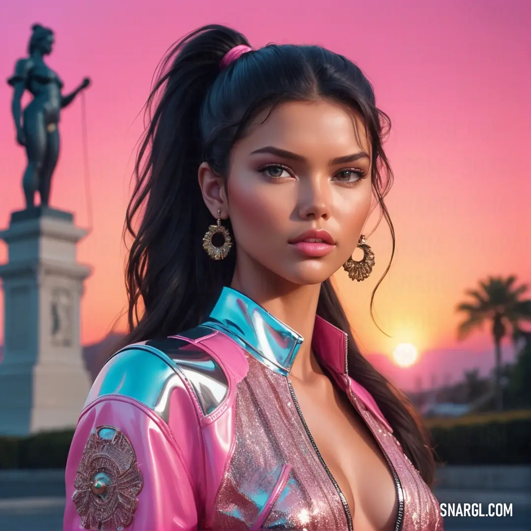 Woman in a pink outfit standing in front of a statue at sunset with a pink sky behind her