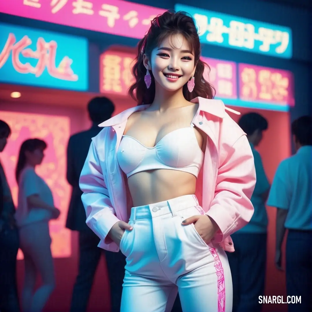 Woman in a white bra top and white pants standing in front of a neon sign with asian writing