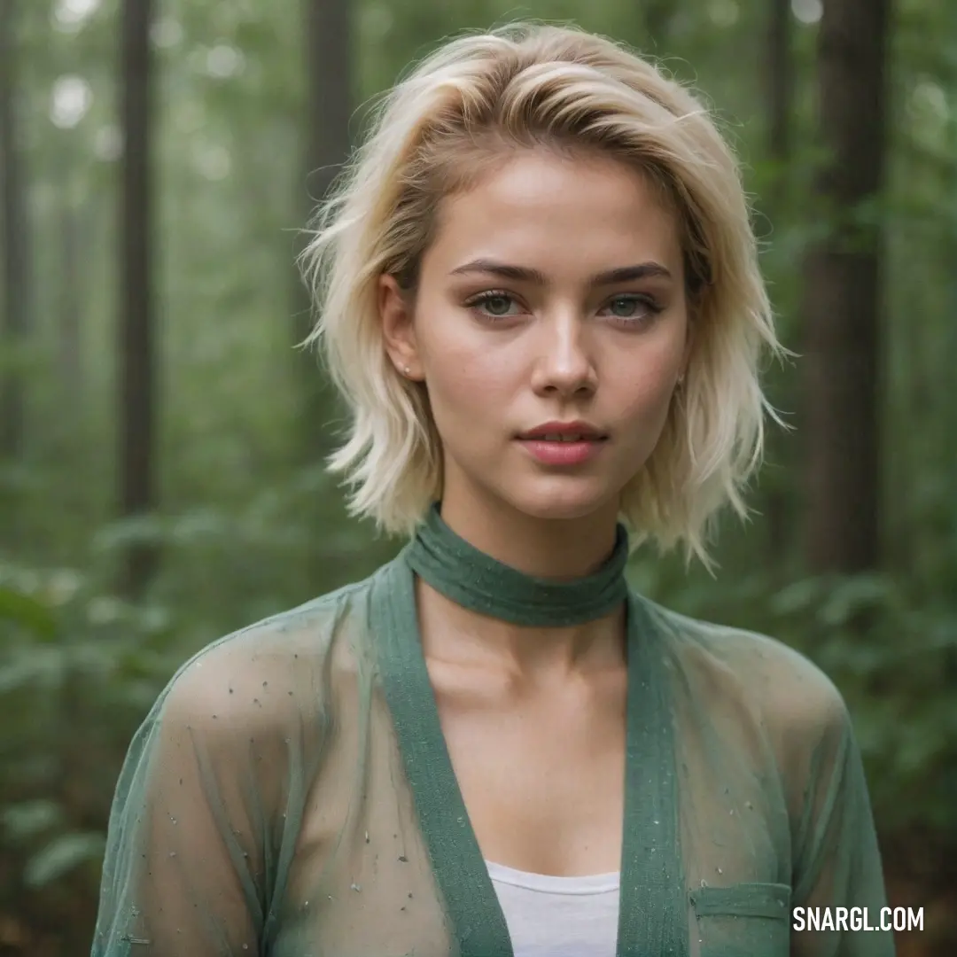 Woman with blonde hair and a green shirt in a forest with trees and bushes behind her