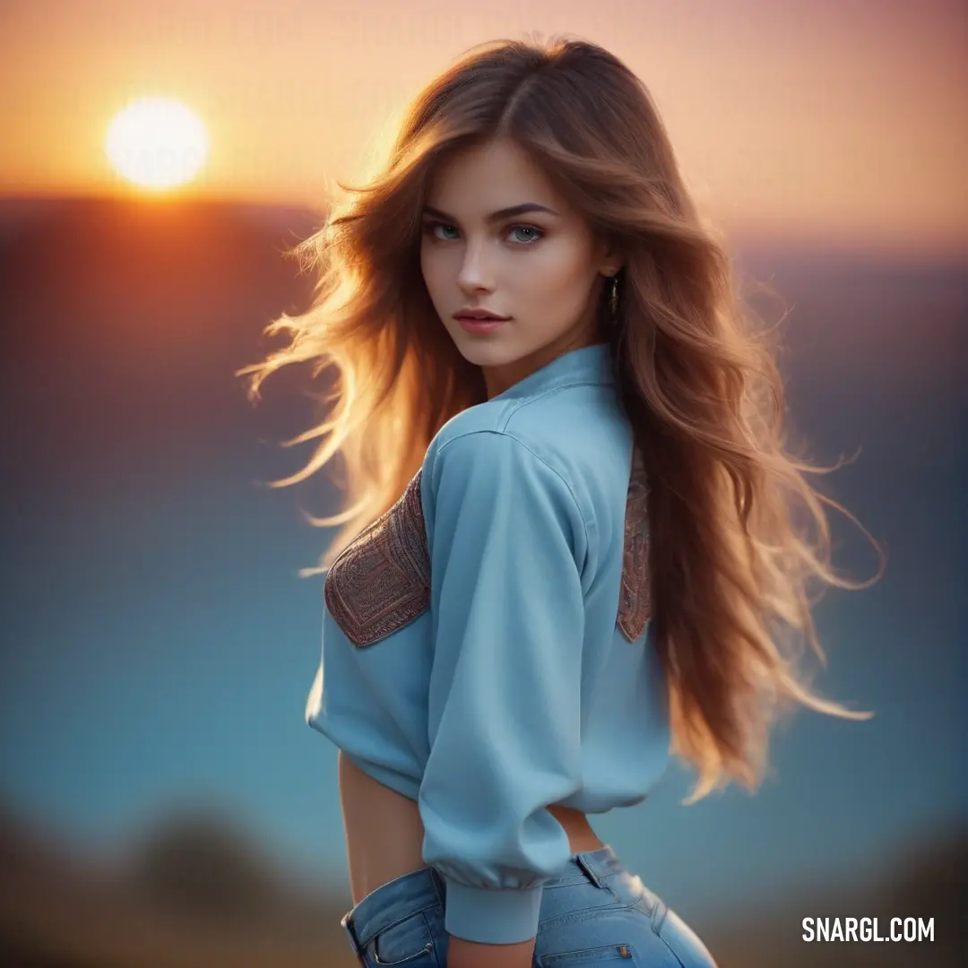Woman with long hair standing in front of a sunset with her hair blowing in the wind and wearing a blue shirt