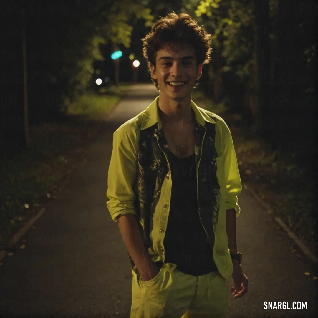 Young man standing on a road at night with a smile on his face and a green jacket over his shoulders