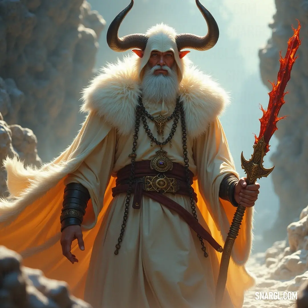 The formidable Abaddon, crowned with horns and a flaming sword, evokes fear and awe, surrounded by a blaze that reflects his fiery spirit. Abaddon, with imposing horns and a long, flowing beard, holds a fiery sword, his fur coat billowing in the breeze, as he stands amidst a backdrop of flickering flames that embody raw power and determination.