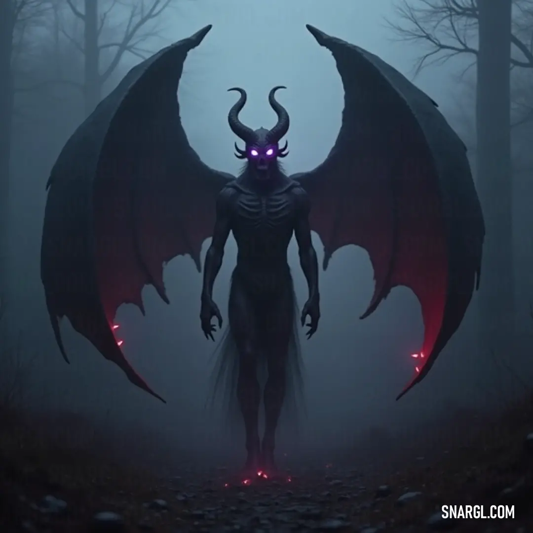 A menacing figure stands in a shadowy forest, its face and wings aglow with vibrant red lights, creating an atmosphere of enchantment and dread. A dark figure cloaked in shadow emerges from a mystical forest, fiery red lights illuminating its imposing wings and face, evoking an aura of otherworldly power and mystery.