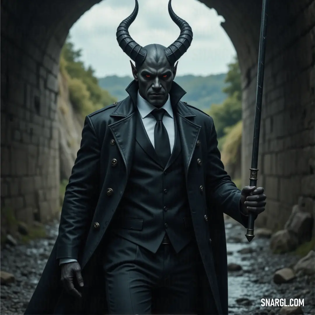 Abaddon stands confidently in a dark tunnel, sword in hand and wearing a devil mask, with a flowing river in the background, an enigmatic figure in the midst of the shadows. Abaddon, dressed sharply in a suit and devilish mask, stands poised with a sword in hand. The tunnel behind him is dark and foreboding, while the river flowing beneath him adds an eerie ambiance, as if he is guarding an ancient secret that lies hidden in