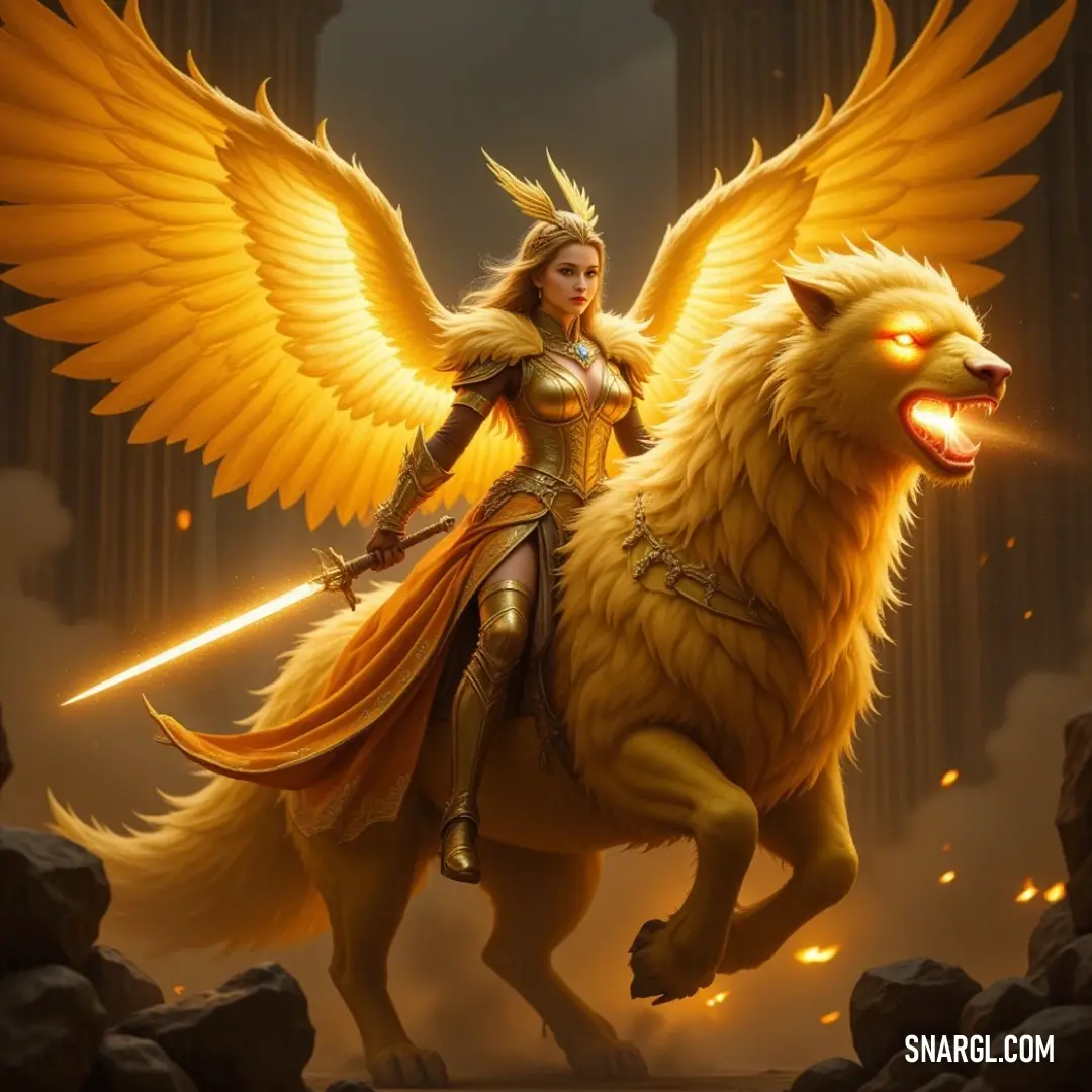 Abaddon, riding boldly on a winged yellow dog, brandishes a sword, ready for adventure. Abaddon joyfully rides atop a magnificent yellow dog, its wings unfurled and glistening in the sunlight. With a sword held high, this adventurous scene captures both whimsy and bravery, as they embark on a fantastical journey together.