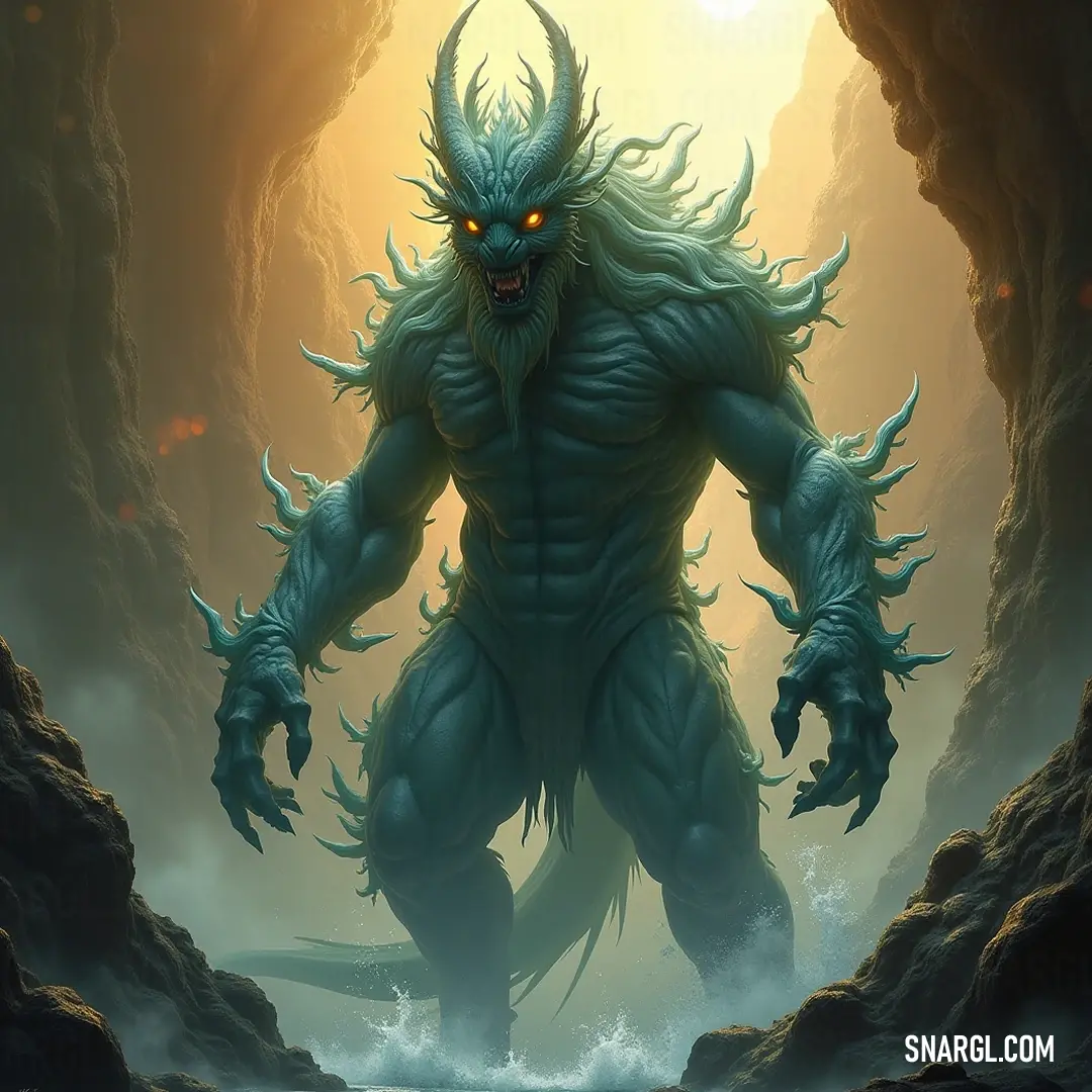 Abaia, the guardian of the abyss, menaces from its shadowy lair, its massive form accentuated by swirling fog and gentle beams of sunlight, evoking both awe and trepidation. The imposing Abaia, a mythical creature with an enormous head and sharp claws, lurks within a fog-draped cave, illuminated by soft sunlight that casts an enchanting glow, creating an eerie yet alluring scene.