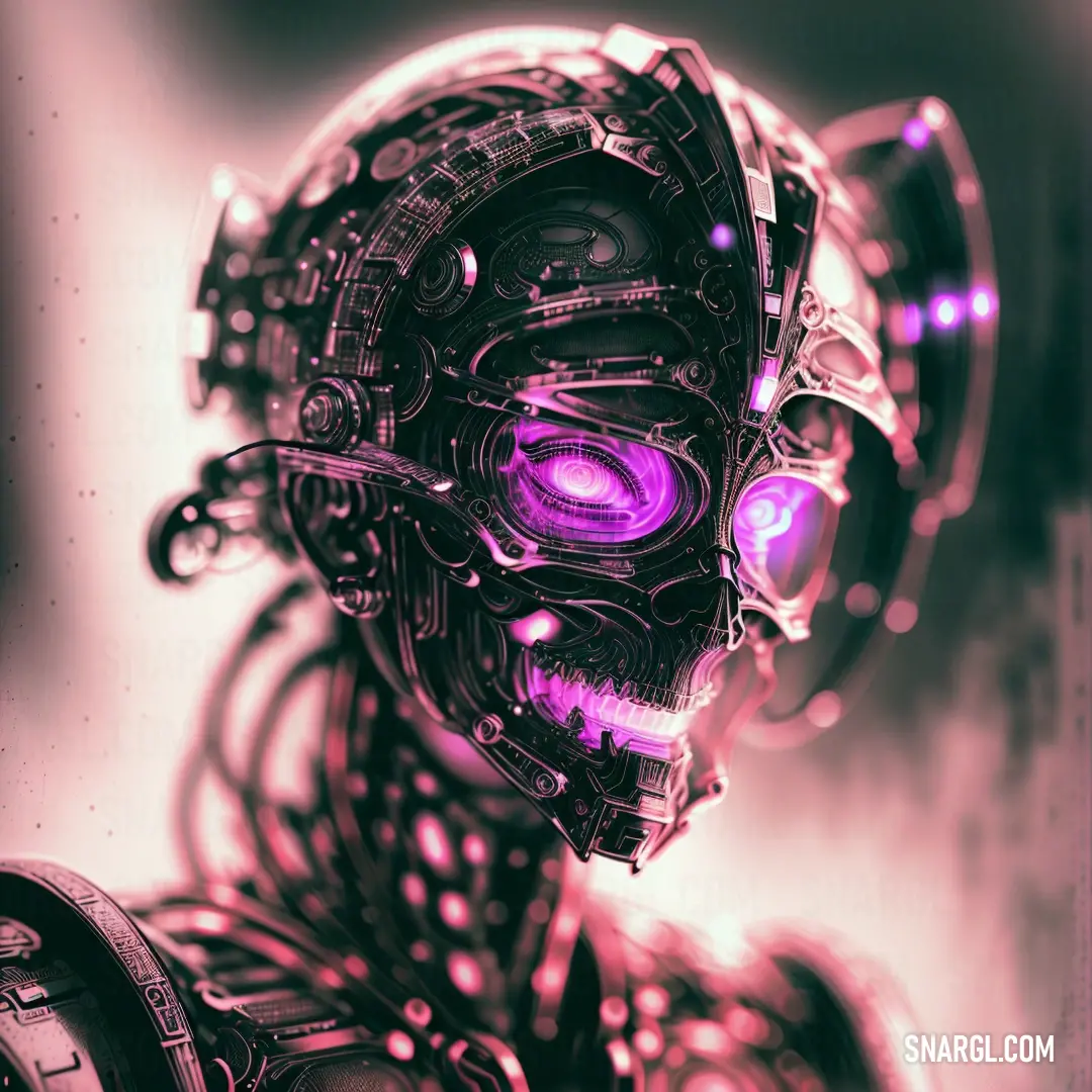 Digital painting of a robot with purple eyes and a skull like head and body