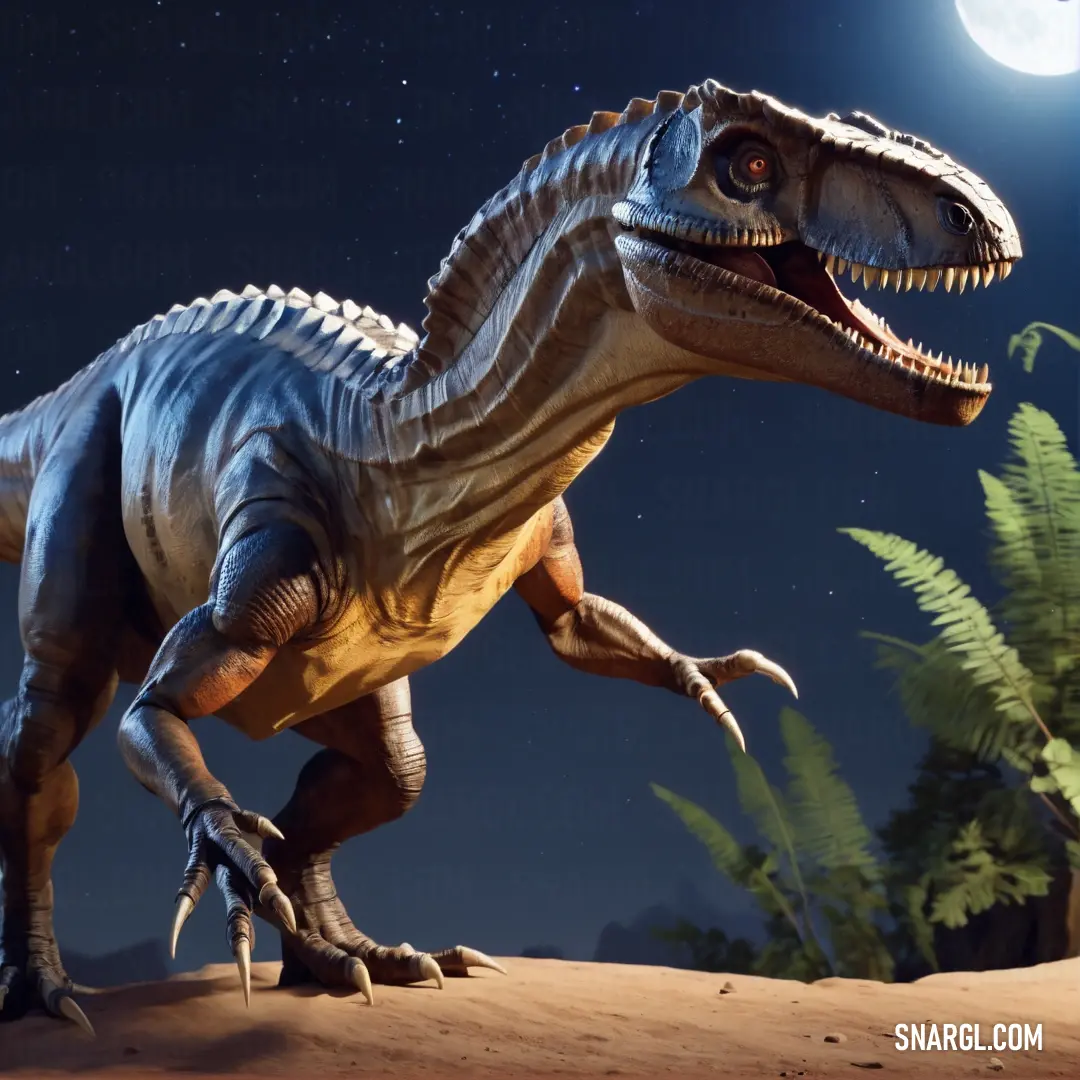 Abelisaurid is walking in the desert at night time with a full moon in the background