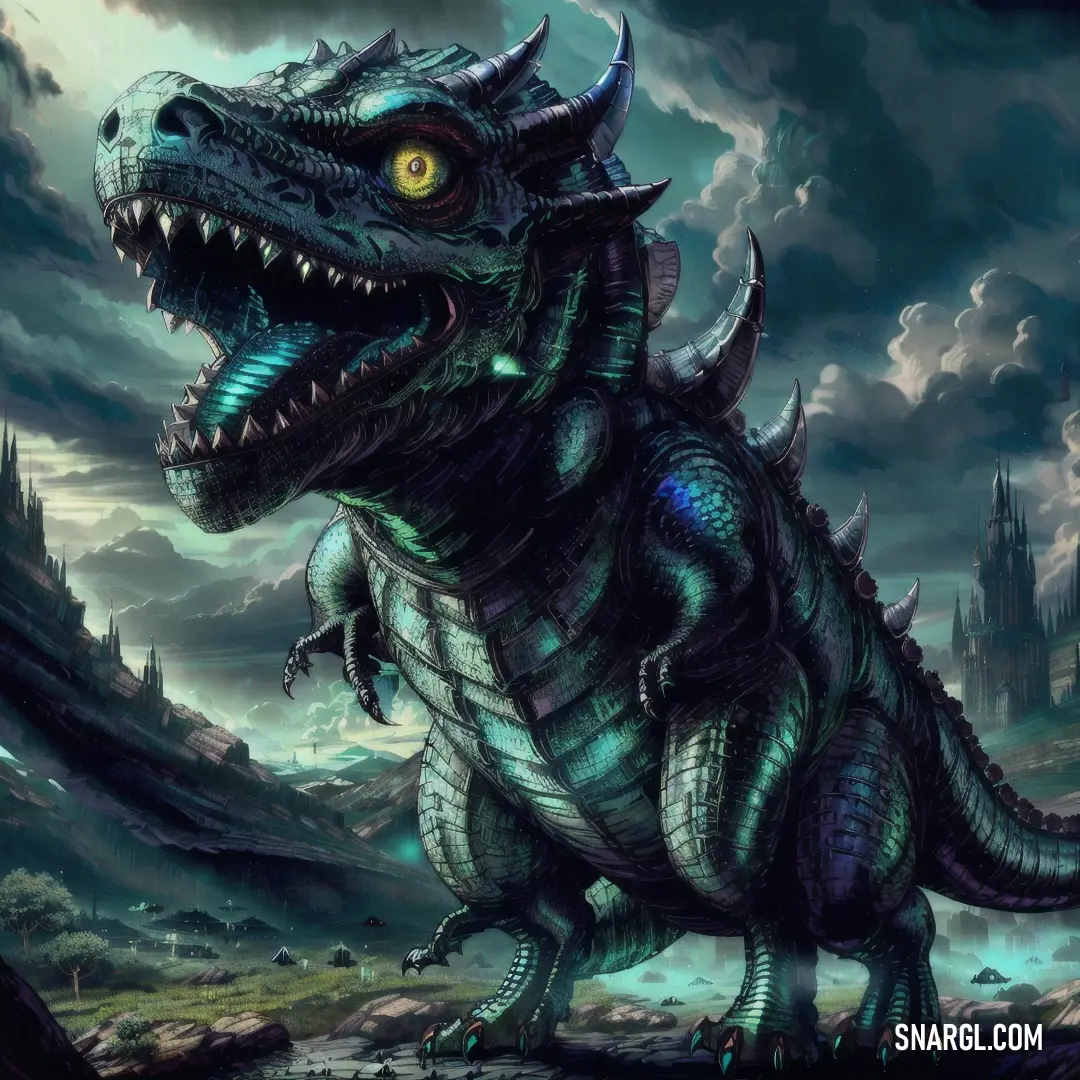 Large dinosaur with a huge mouth and sharp teeth standing in front of a castle with a cloudy sky