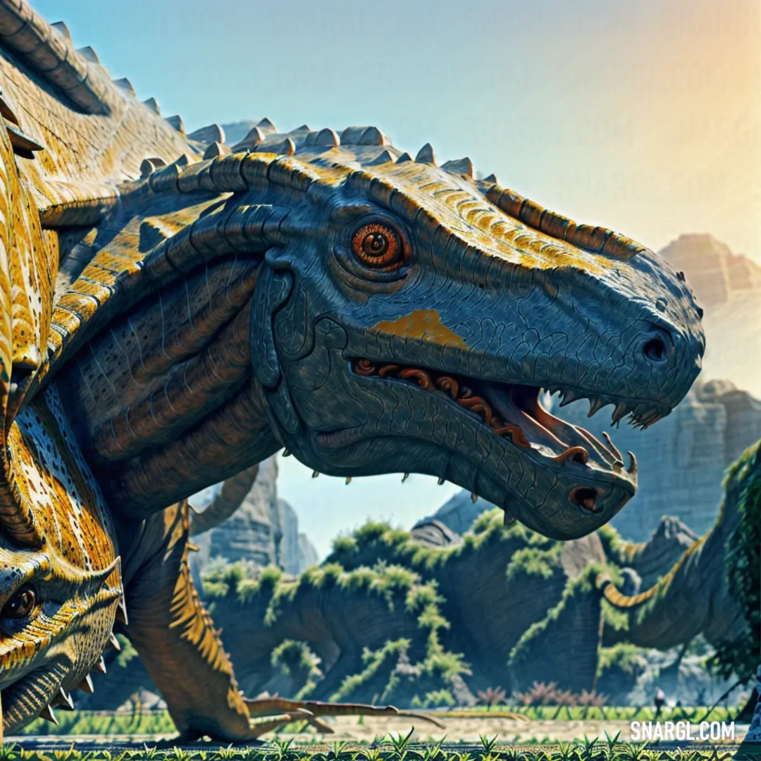 Large Abelisaurid with a large mouth and sharp teeth standing in a field of grass and rocks with a mountain in the background