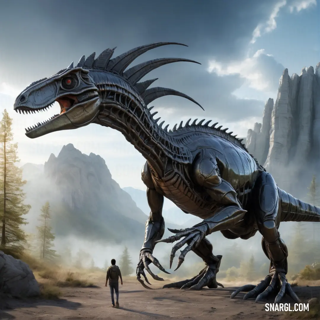Man standing next to a giant Abelisaurid in a forest with mountains in the background