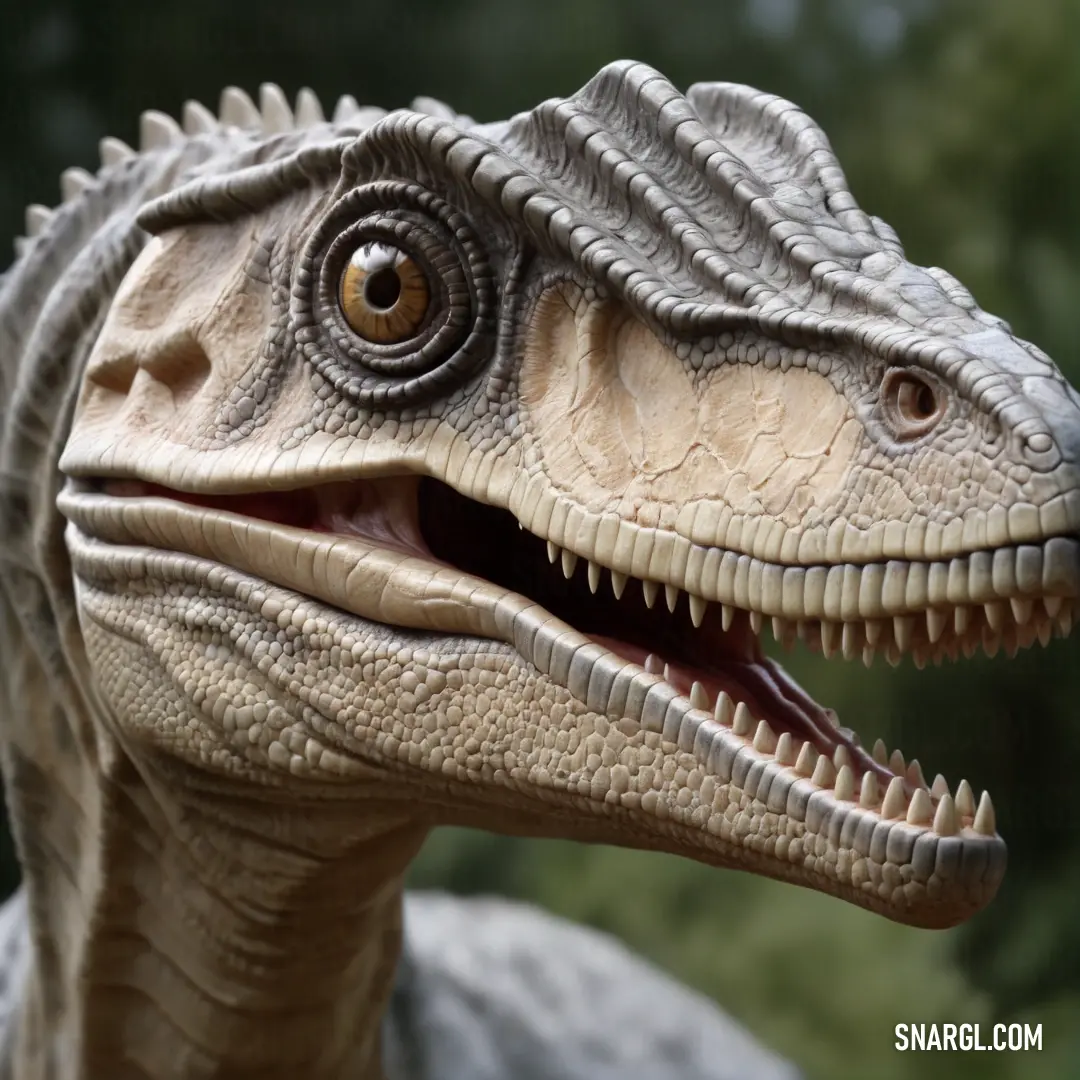 Close up of a toy Abelisaurus with its mouth open and teeth wide open, with trees in the background