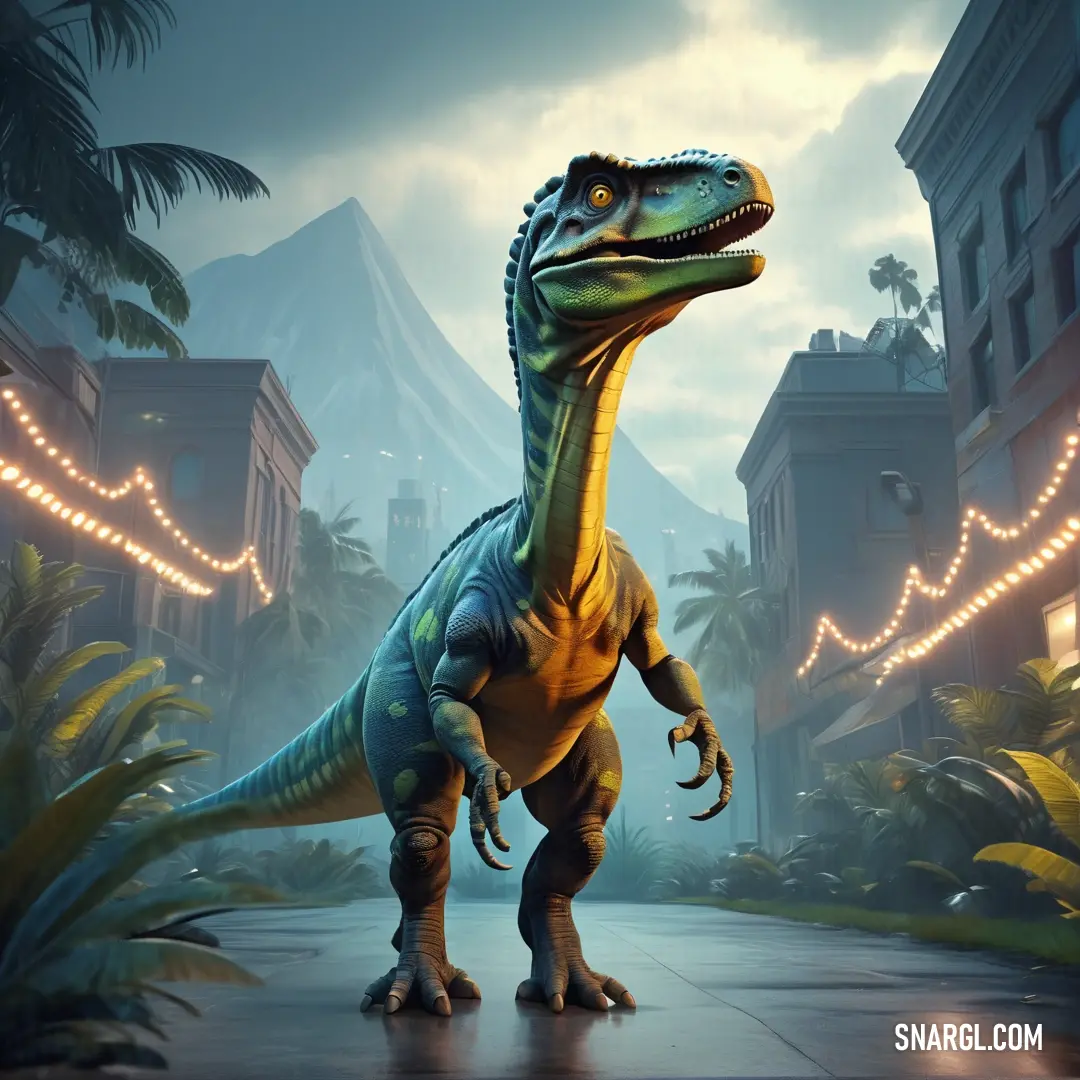 Abelisaurus in a city with palm trees and lights on the sides of it's head and neck