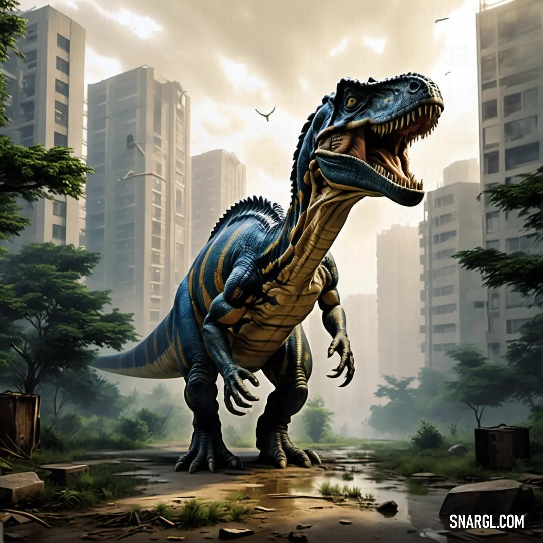 Abelisaurus in a city with tall buildings in the background