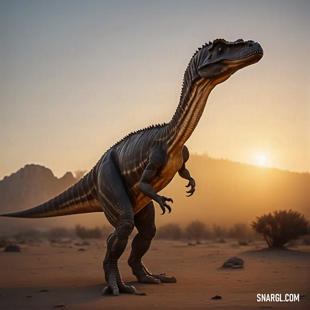 Abelisaurus in the desert with the sun setting behind it and mountains in the background