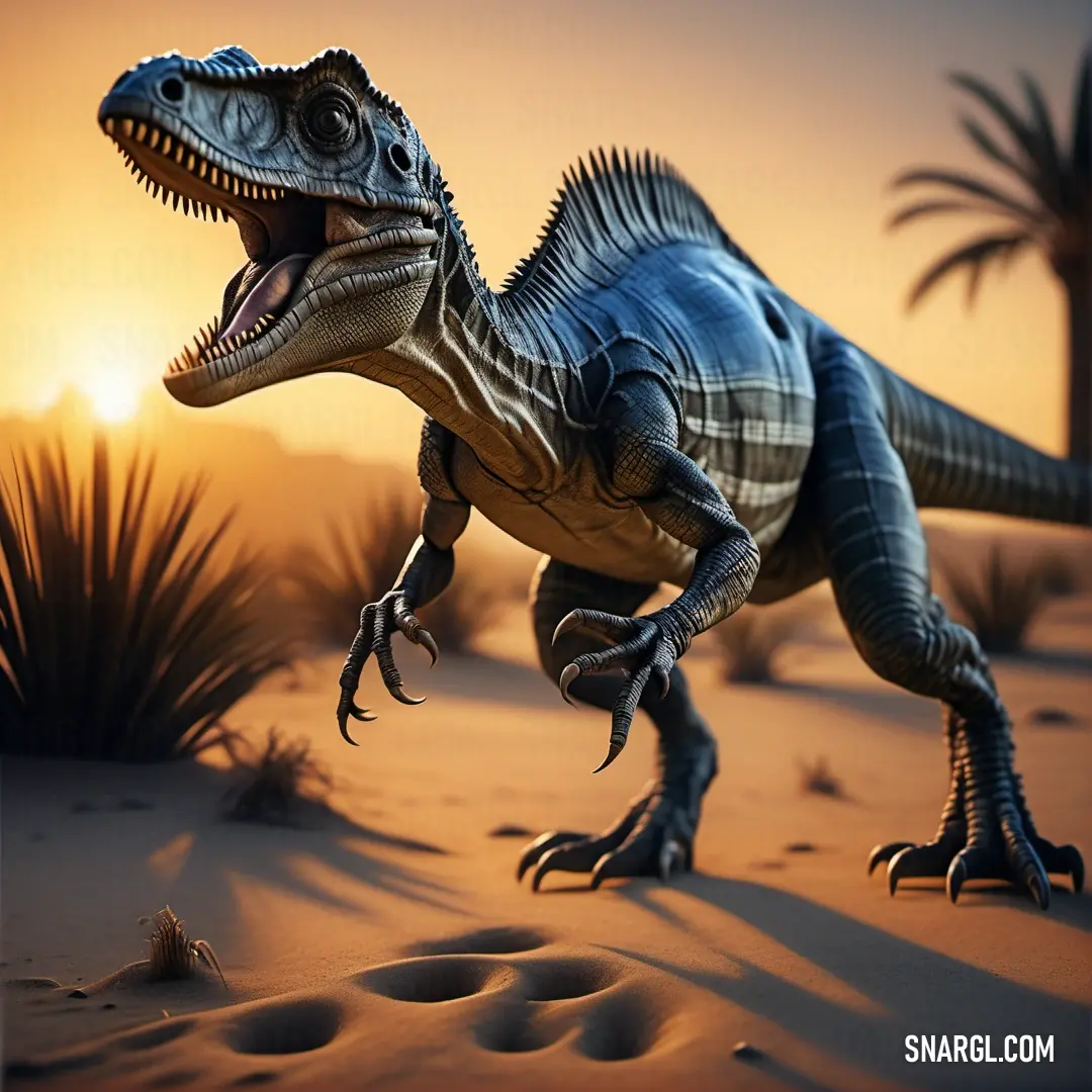 Abelisaurus is walking in the desert at sunset or dawn with a palm tree in the background