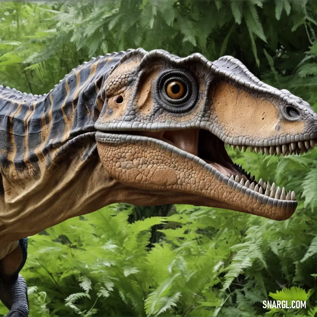 Abelisaurus with its mouth open in a forest of ferns and trees