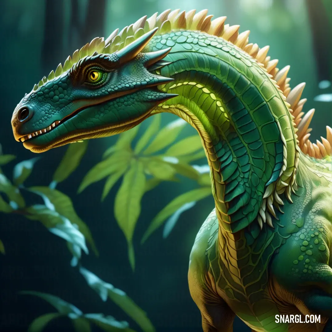 Green and yellow Abelisaurus in a forest with leaves and plants on the ground and a green background