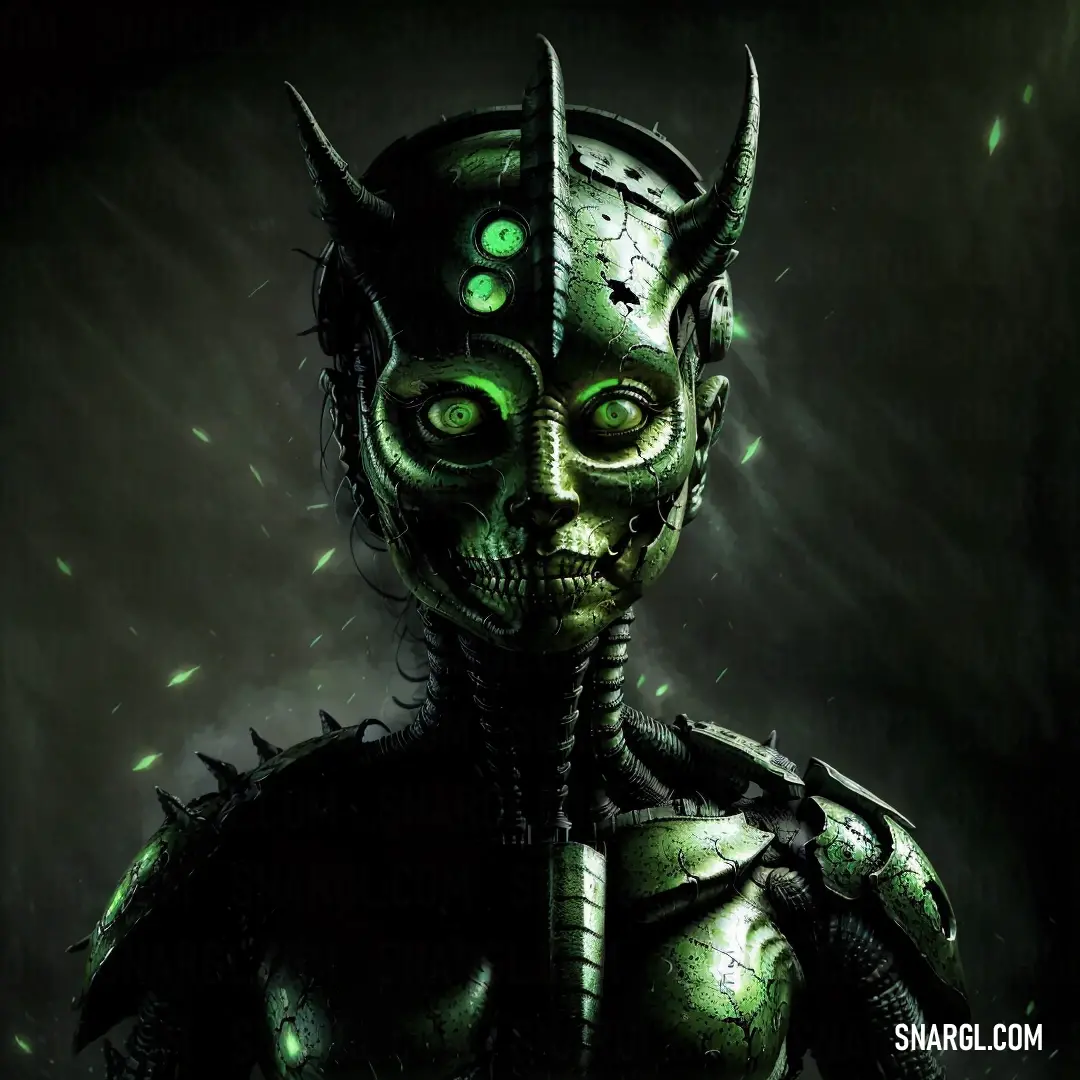 Green eyed alien with horns and spikes on his head and eyes glowing green in the dark