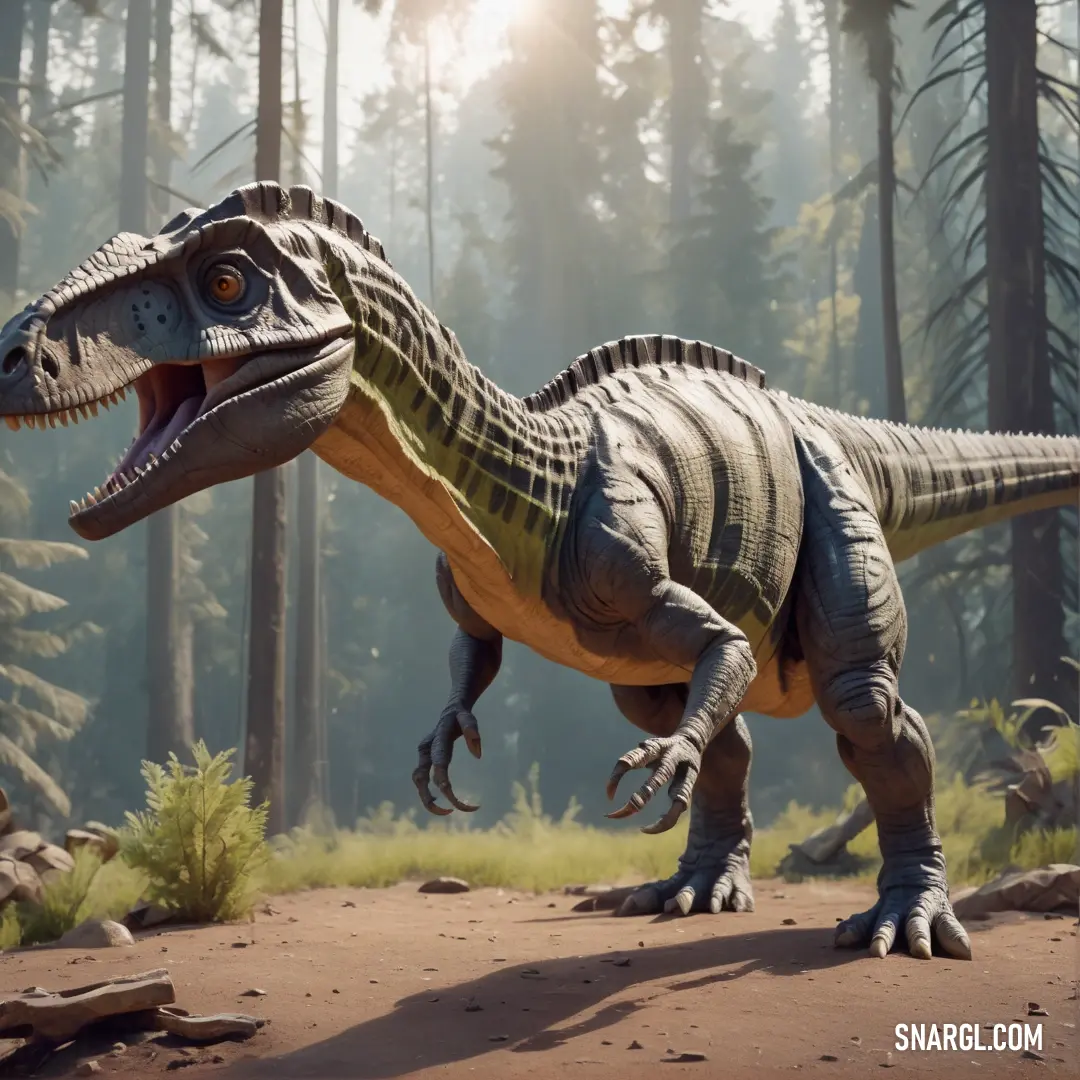 Large Abelisaurus with a long neck and sharp teeth in a forest setting with trees and rocks and grass