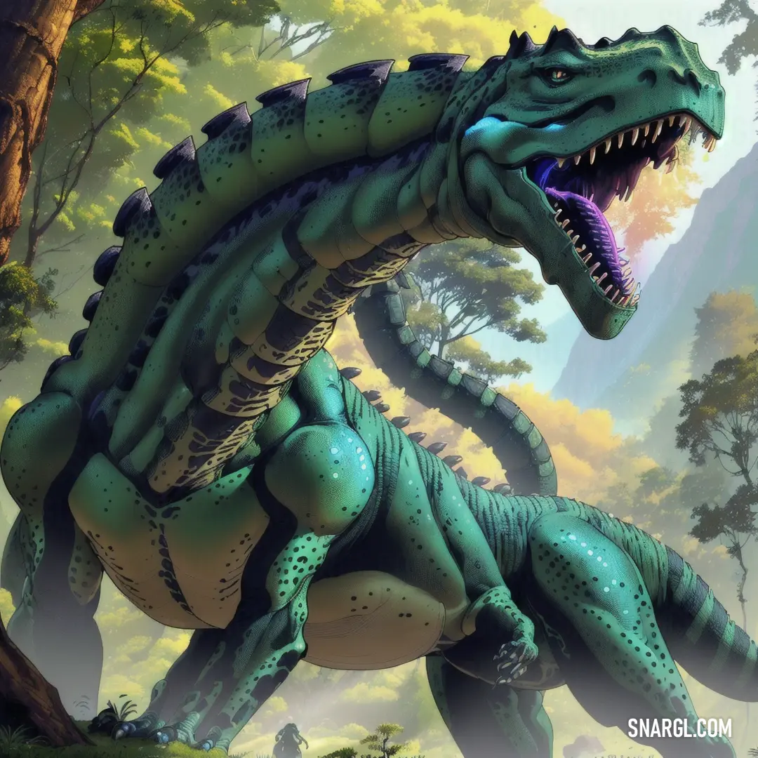 Large green dinosaur with a large mouth and sharp teeth standing in a forest with trees and rocks in the background
