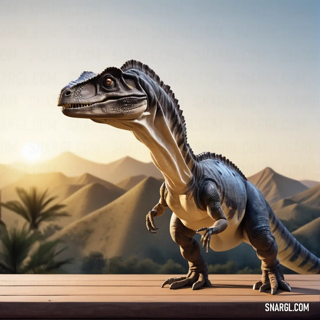 Toy Abelisaurus is standing on a table in front of a mountain range with a sunset in the background