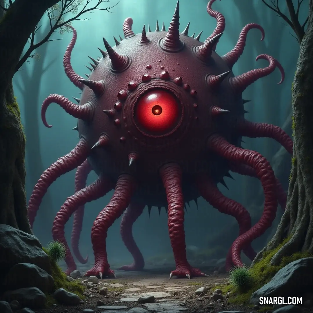 In the midst of a shadowed forest, an Aberration Eye stands solitary, surrounded by trees and rocks, its gaze filled with strange, unsettling intent. An Aberration Eye stands alone in the heart of a dense forest. The trees surround it, and rocks lie scattered across the forest floor, adding to the sense of isolation and unease that fills the scene.
