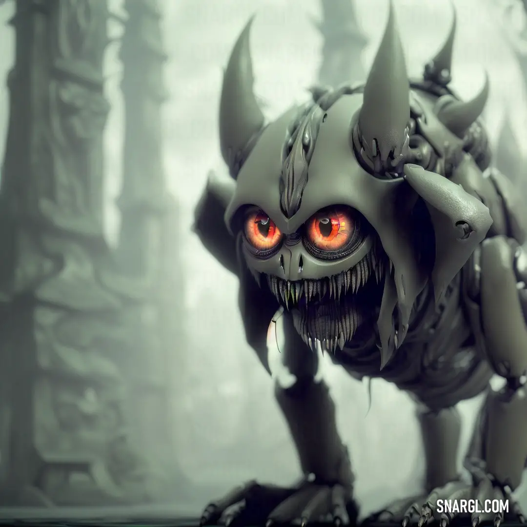 Creature with red eyes and horns in a forest with trees and fogs in the background