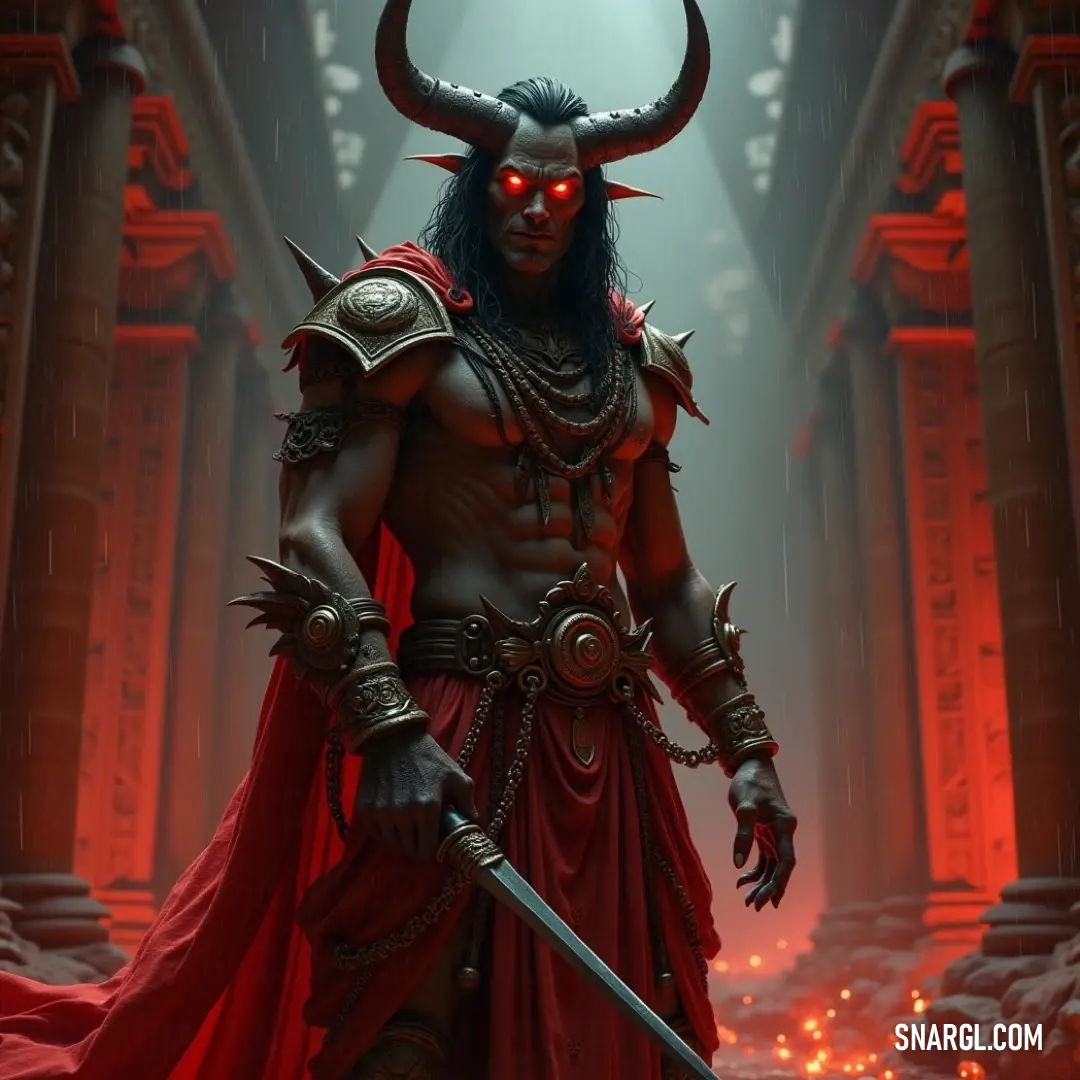 Fierce Abigor, with dramatic horns, poised in a crimson chamber, wielding his sword in defiance against the mysteries that dwell in the shadows of his fiery surroundings. Abigor, a striking figure with impressive horns, stands in a dimly lit red room, clutching a shimmering sword. Surrounded by glowing red lights that enhance his fierce gaze, he embodies the very spirit of strength and intensity in this enchanting realm.