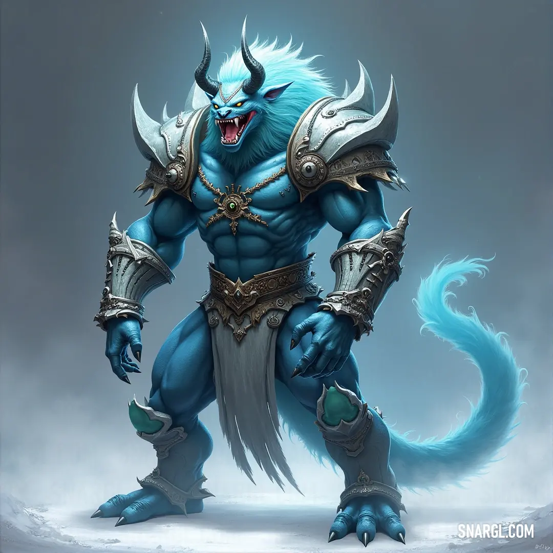 A fearsome blue-skinned Abigor stands in his full glory, his horns twisting upward, his presence overwhelming as he gazes out, a creature of ancient power beyond the mortal realm. Abigor’s blue-skinned form is striking, his horns curling from his large head, exuding an otherworldly, supernatural aura. His intense eyes seem to see beyond the physical realm, his presence a reminder of ancient, powerful forces that dwell beyond