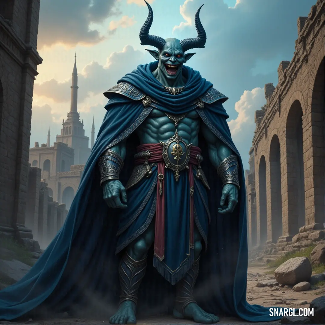 A horned abomination in blue armor, casting a threatening presence in front of a dark and imposing castle, exuding evil power. A towering abomination, adorned with blue armor and horns, standing before an imposing castle, radiating an aura of menace and dark power.