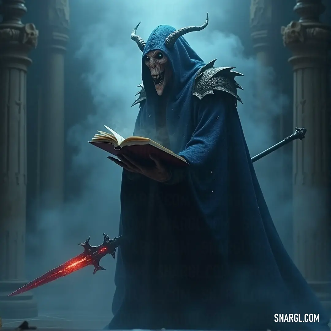 An Abomination in a blue robe holds a book and sword, the demon on the sword hinting at the dark powers he commands. An imposing Abomination dressed in a blue robe stands with a book in one hand and a sword in the other. The demon inscribed on the sword’s hilt gives a glimpse into the creature’s dark powers and otherworldly influence.