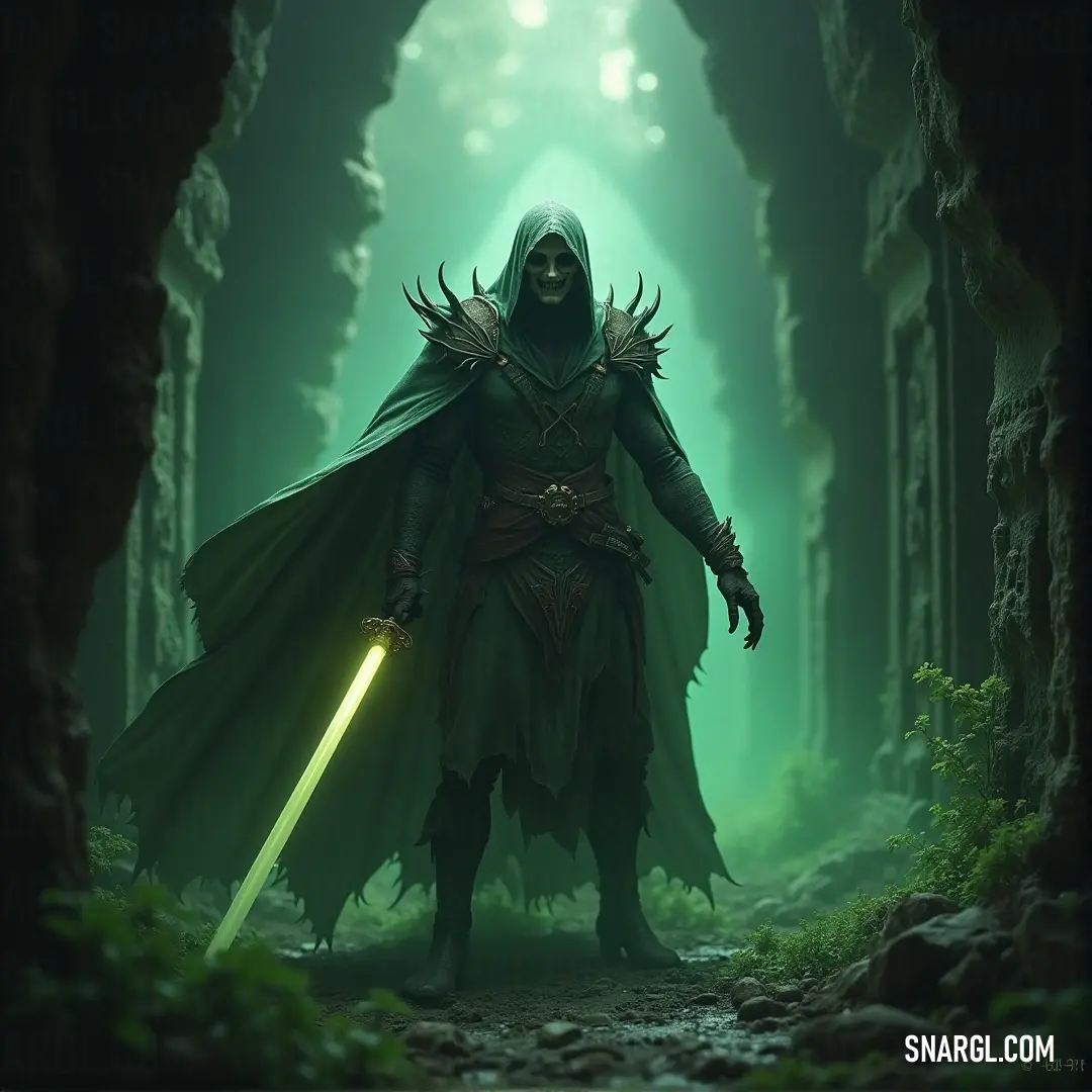 A hooded figure, sword raised, stands in a dark forest bathed in an eerie green light, exuding an air of danger and mystery. A mysterious figure cloaked in shadow stands tall in a dark forest, gripping a gleaming sword with a menacing aura. Behind him, an eerie green light breaks through the trees, casting an unsettling glow over the haunting scene.