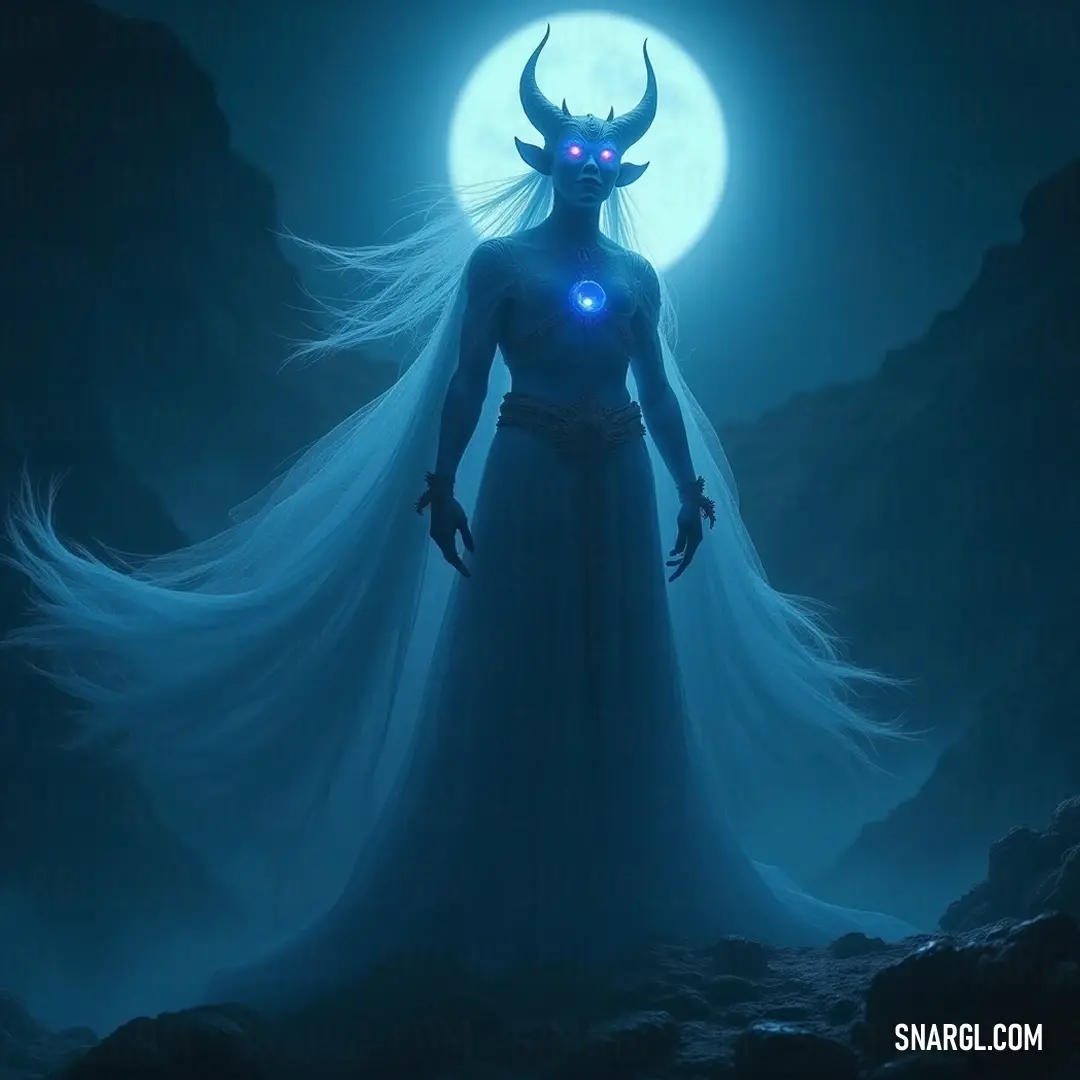 A luminous figure in a flowing white dress stands within a dark cave, captivatingly illuminated by glowing eyes and a full moon, creating a spellbinding visual that exudes ethereal beauty. A radiant figure draped in a long white gown stands in a shadowy cave, with glowing eyes that illuminate the darkness, while a luminous full moon casts a bewitching glow around them, enhancing their celestial presence.